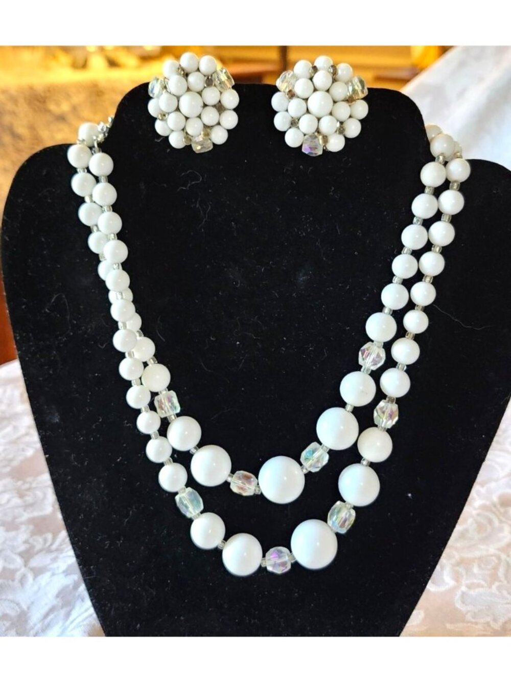 Vintage 1950s Double Strand Necklace Clip-On Earring Set Lightweight Summer Jewe